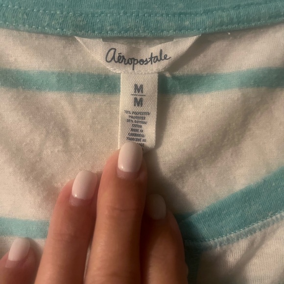 Aeropostale Women's Striped 3/4 Sleeve Tee - Teal and White - Picture 2 of 4